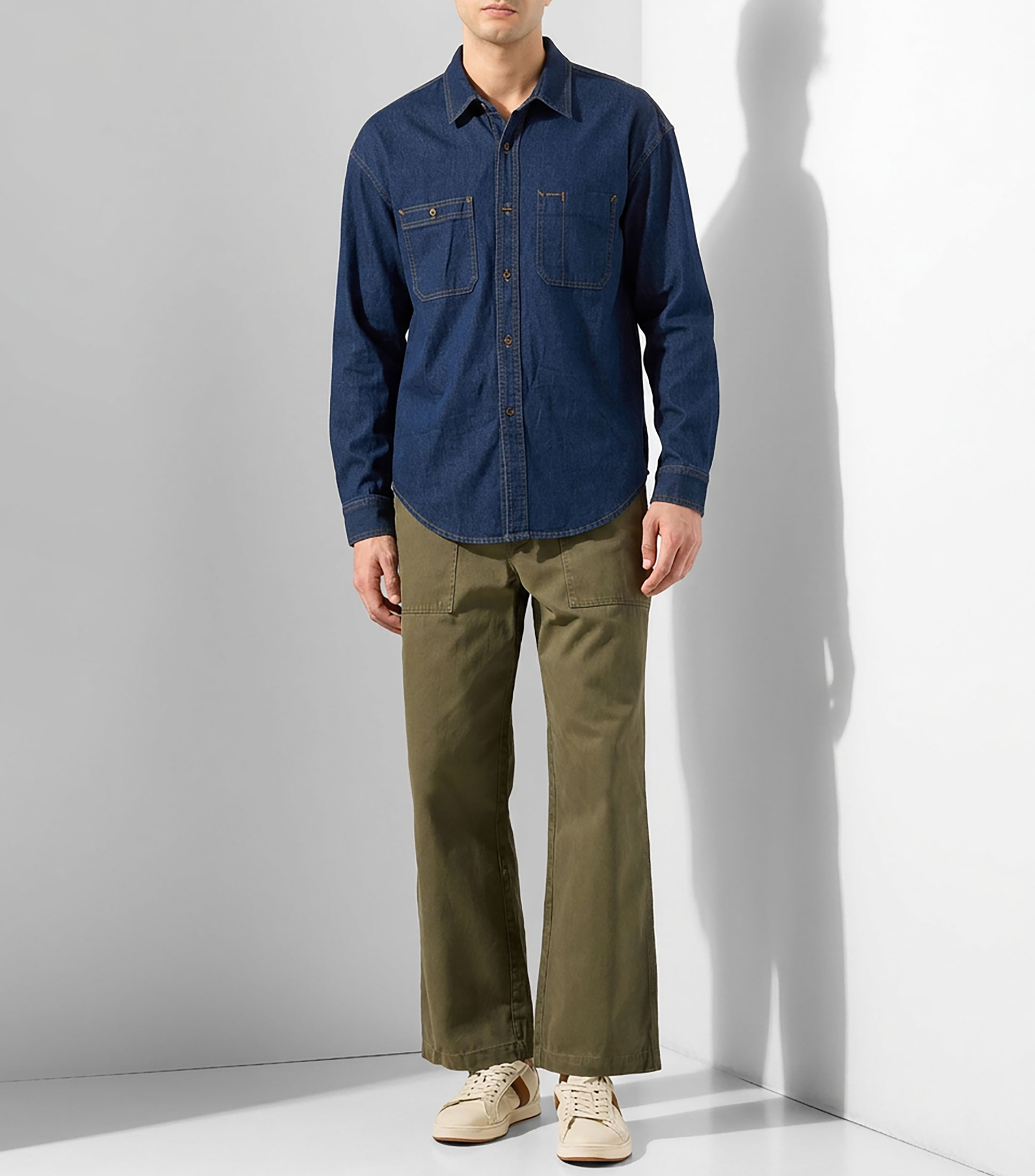 Camisa de mezclilla sólido manga larga Hombre
